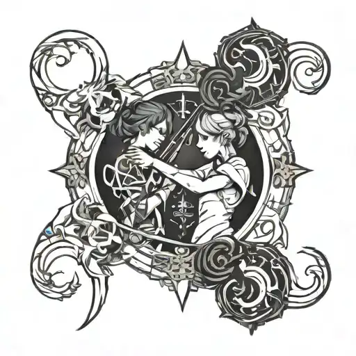 A Gothic-inspired Tattoo Of A Gemini And Sagittarius Intertwined In A Blackwork Style