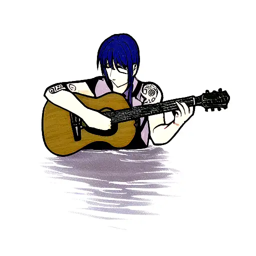 An Intricate Tattoo Of An Anime Character Playing A Guitar By A Tranquil River
