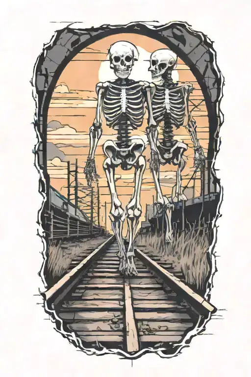 A Skeleton Couple Walking On Train Tracks Towards A Glowing Sunset Holding Hands