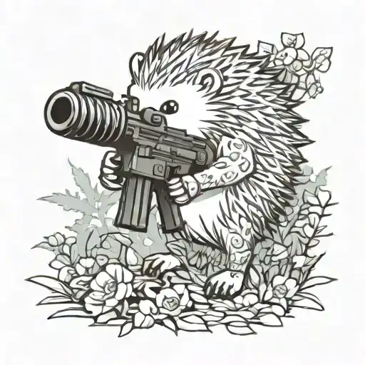 Hedgehog With A Machine Gun In The Forest
