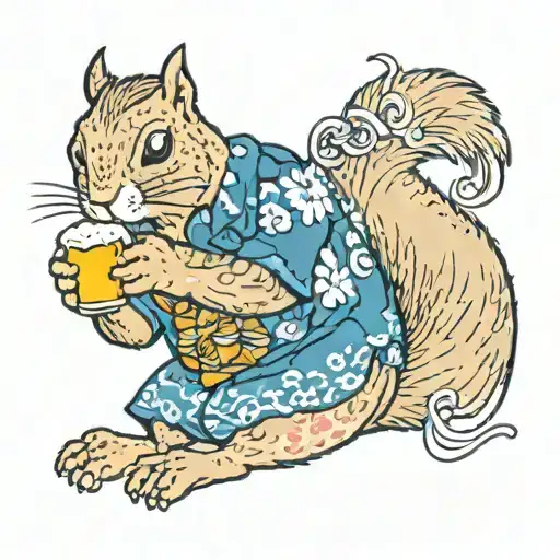 Buff Squirrel In A Hawaiian Shirt Holding A Beer