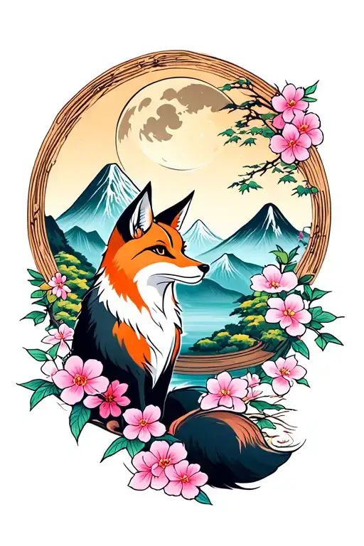 Japanese Style Tattoo With Fox Japanese Traditionnal Arch Moon Moutain Et Forest And Sakura Flower