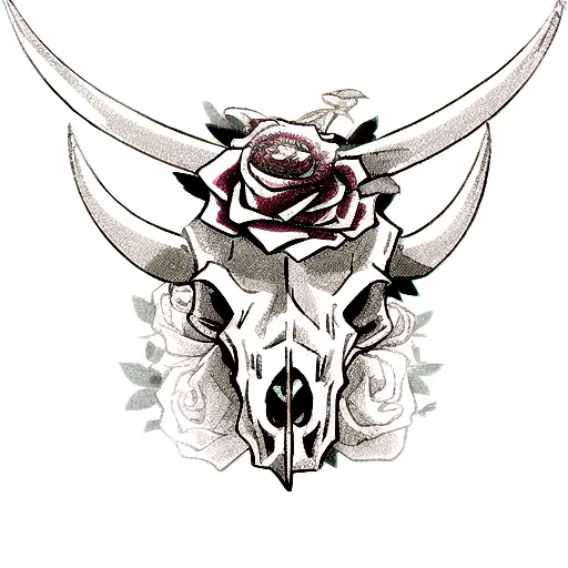 Bull Skull With Roses Growing From The Right Eye