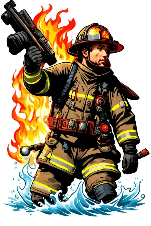 Firefighter Fighting With Fire And Water