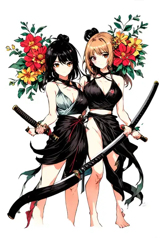 Two Females Holding Katana With Flowers