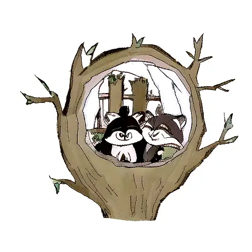 3 Raccoon Heads Looking Out Of A Tree