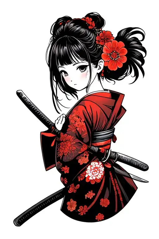 Japanese Girl Wearing Kimono With Katana Swords Drawn