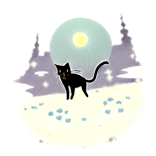 Cat In A Dark Field Under The Cresent Moon