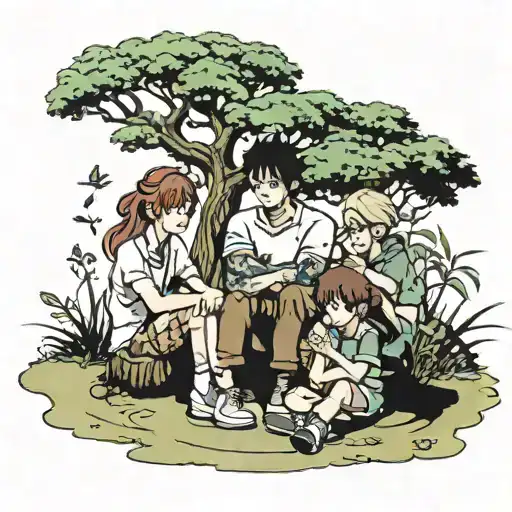 Family Sitting Near Tree Of Life Tree