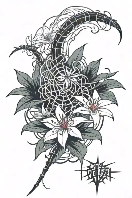 Spider Lily And Millipede Tattoo With Kunai Black