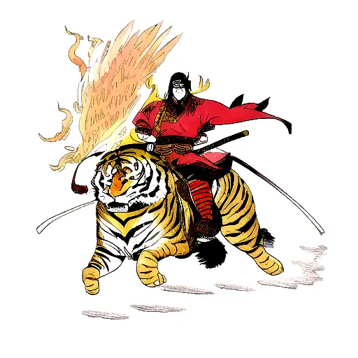 A Samurai Warrior Riding A Tiger With A Phoenix Flying Overhead