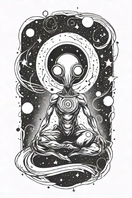 A Minimalist Sketch Of A Mysterious Alien Figure Surrounded By Swirling Galaxies And A Radiant Sun