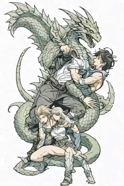Sir Gwain Fighting A Dragon With Beautiful Woman Laying Next To Him On The Ground In A Sensual Pose