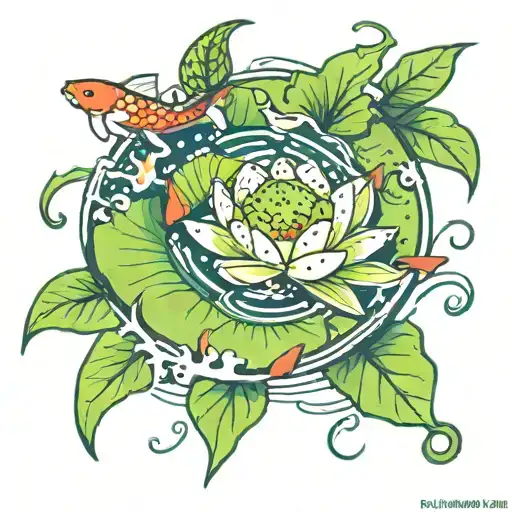 Bright Green Lily Pad Tattoo With Koi Fish
