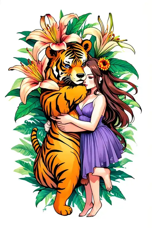 Rare Exotic Flowers With Tiger Lilies And A Bear Hugging A Women
