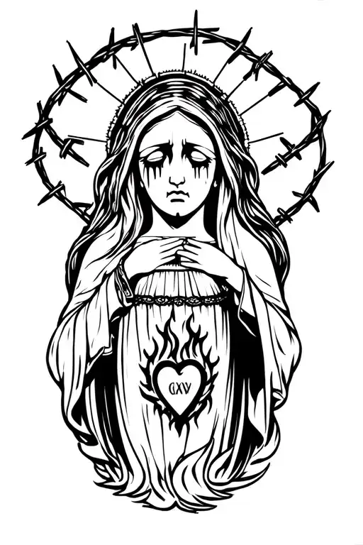 Mexican Crying Virgin Mary With Barbed Wire And A Flaming Heart