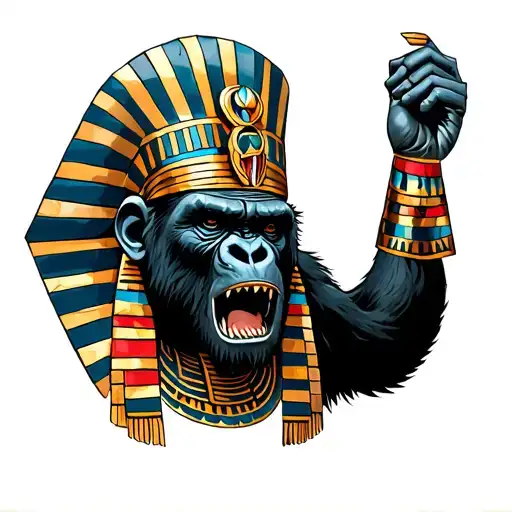 Snarling Gorilla Wearling Egyptian Nemes Headress Surrounded By African Patterns