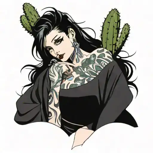 Curvy Darkhaired Lady With Cactus