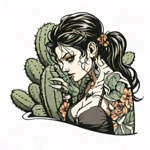 Curvy Darkhaired Lady With Cactus