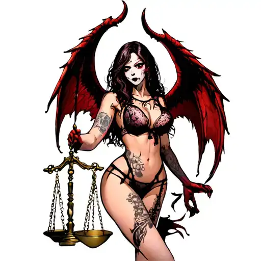 Scary Girl In Sexy Lingerie With Demon Wings Holds Scales Of Justice