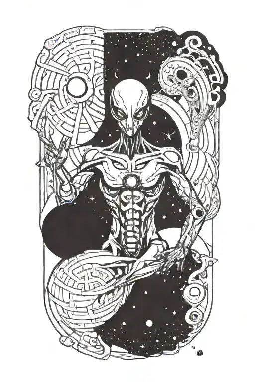 A Minimalist Sketch Of A Mysterious Alien Figure Surrounded By Swirling Galaxies And A Radiant Sun