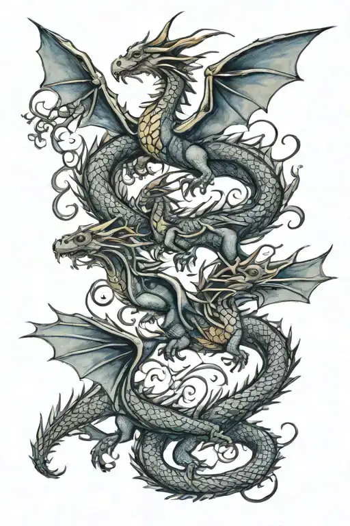 Three Medieval Dragons Flying