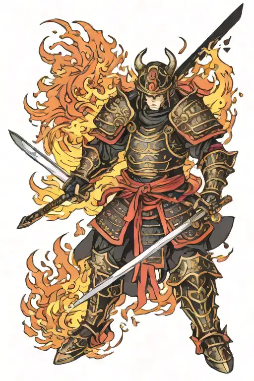 Samurai Wearing All Black Armor Surrounded By Fire