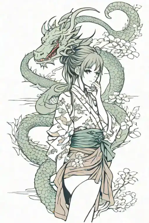 Anime Girl In Japanese Garden With Dragon Wrapped