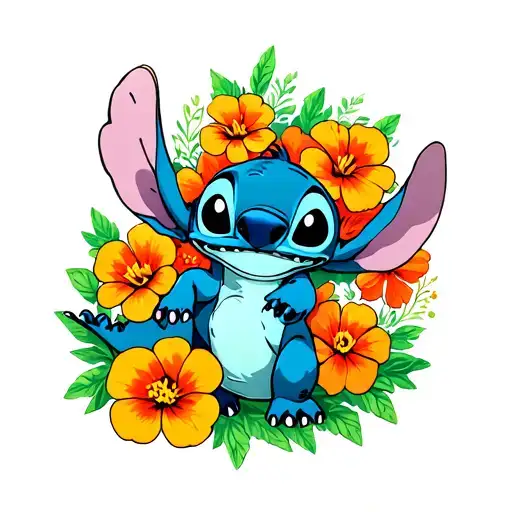 Stitch With Dinosaur And Nasturtium Flowers Symbolizing