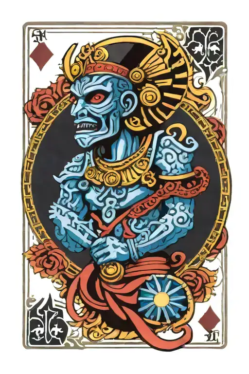 Aztec God Macuil With 5 Playing Cards Around It