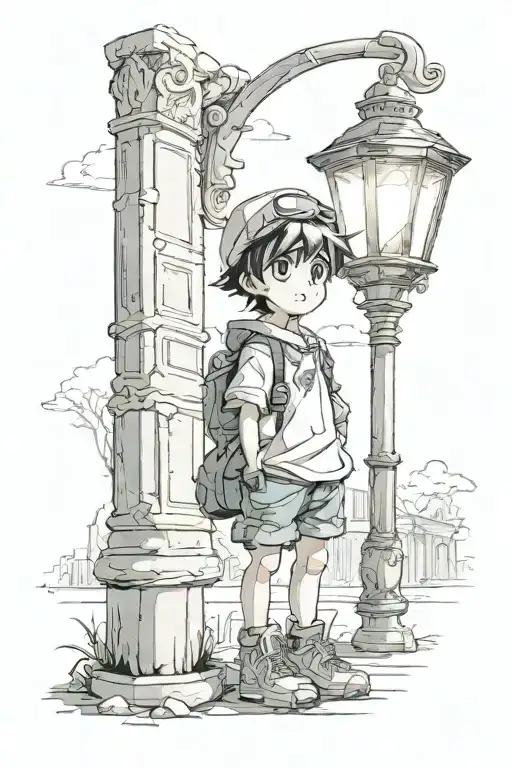 A Little Boy Stands Near A Lamppost That Shines With Magical Light