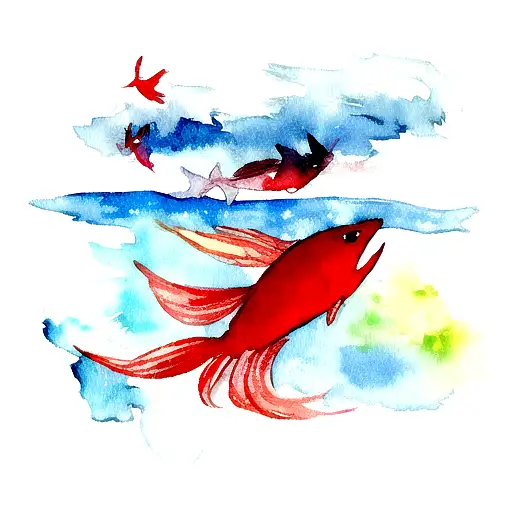 A Watercolor Painting Of A Vibrant Red Fish Swimming Alongside A Serene Blue Fish