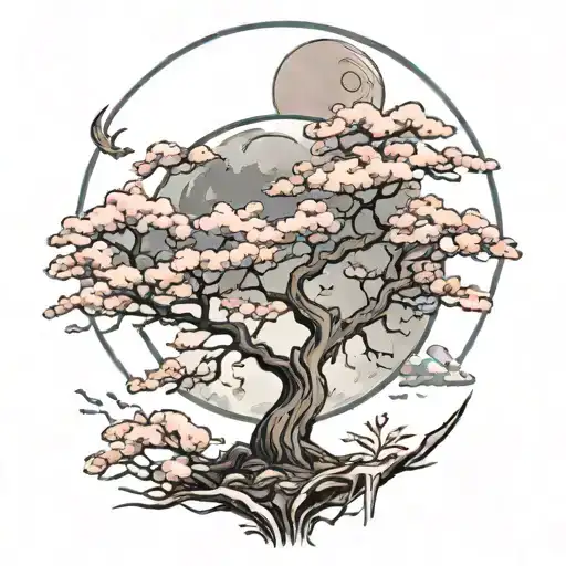 Sakura Tree With Moon Merging Together