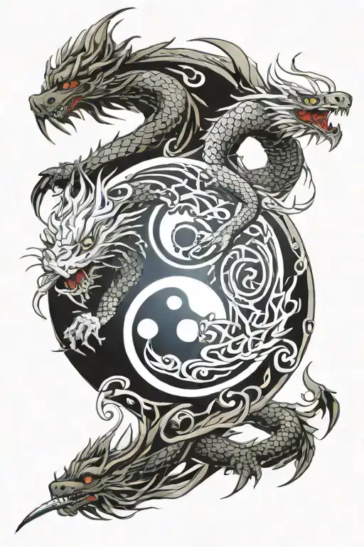 Ying Yang With Dragons And A Katana Embedded