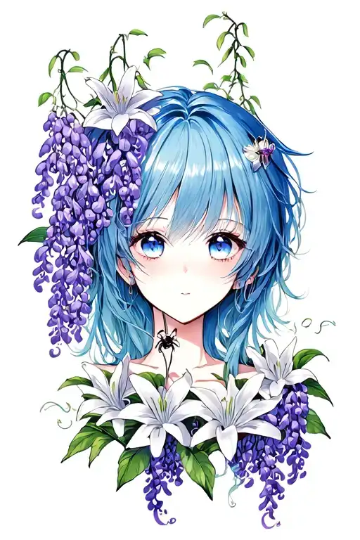 Blue Hair Silver Eyes With Spider Lilys And Wisteria