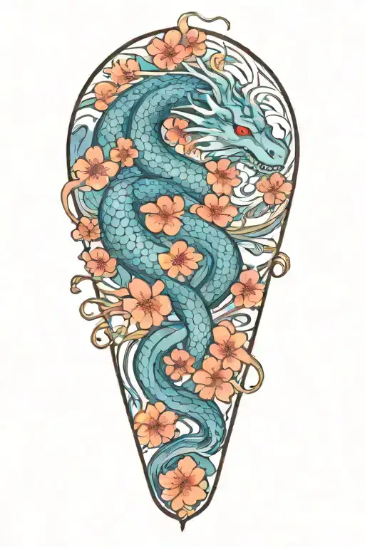 Water Dragon With Waves And Cherry Blossom Tree Growing