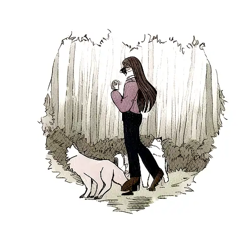 Woman Holding Baby Walking In A Forest With Wolfs Howling