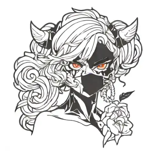 Demon Girl With Black Eyes And Smoking A Cigarette Flat Lineart