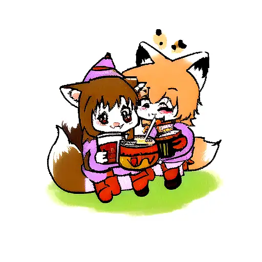 A Fox Kit And Wolf Pup In Halloween Costumes Drinking Butterbeer Together