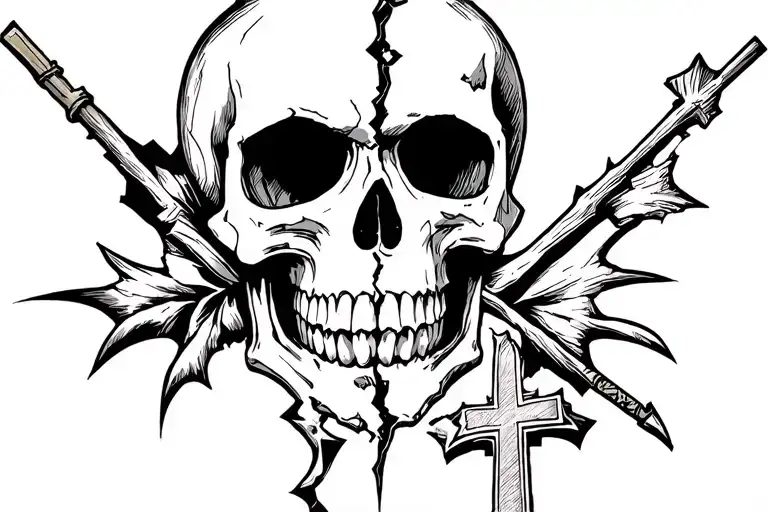 Half Broken Skull With Cross