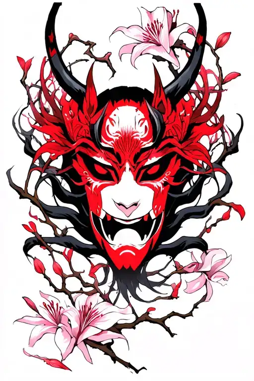 Oni Mask Sakura Branches Forming And Red Spider Lily