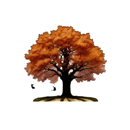 An Oak Tree With Two Small Sparrows Flying Above