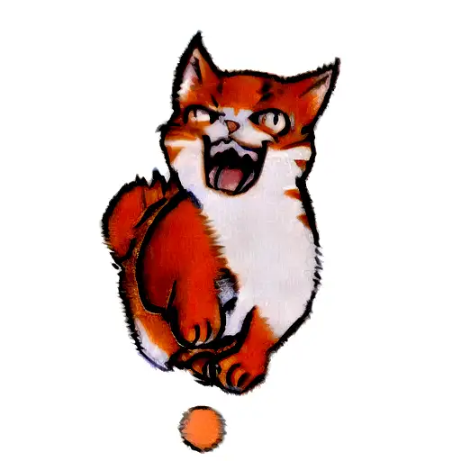 A Orange Cat Roaring Like A Leon Surrounded By Paper Balls Flying