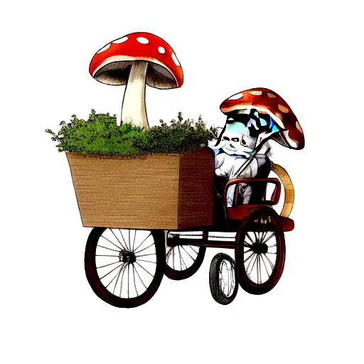 Cat Riding Tricycle Pulling Wagon Carrying Mushroom
