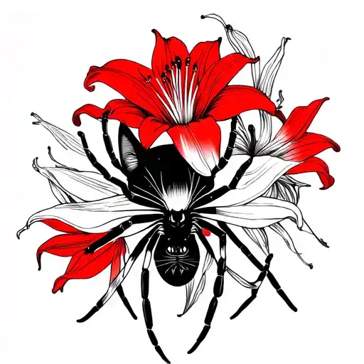 Cat And Spider Lily Flower Lineart Red And Black