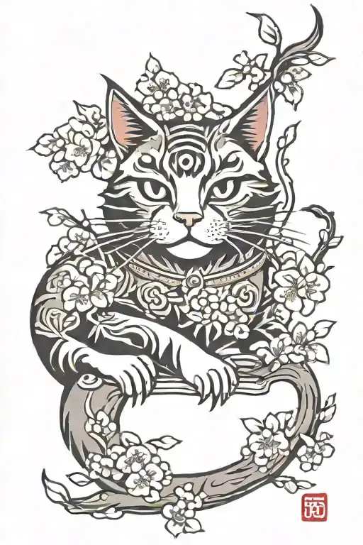 Traditional Japanese Cat Tattoo With Cherry Blossoms