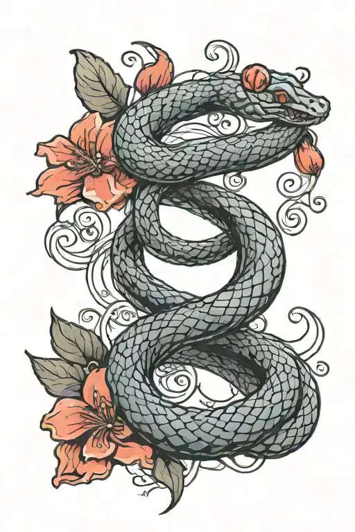 Red Flower With Black Snake Intertwined