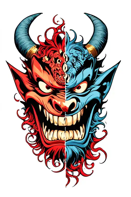 Japanese Oni Mask Split In Half Demon Face