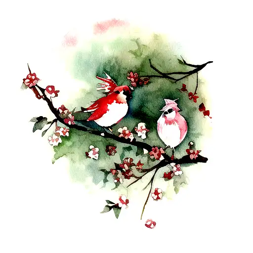 A Tattoo Of Two Watercolor Cardinals Sitting On A Branch