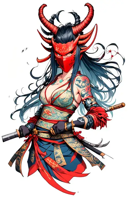 Female Oni Samurai With Half Mask
